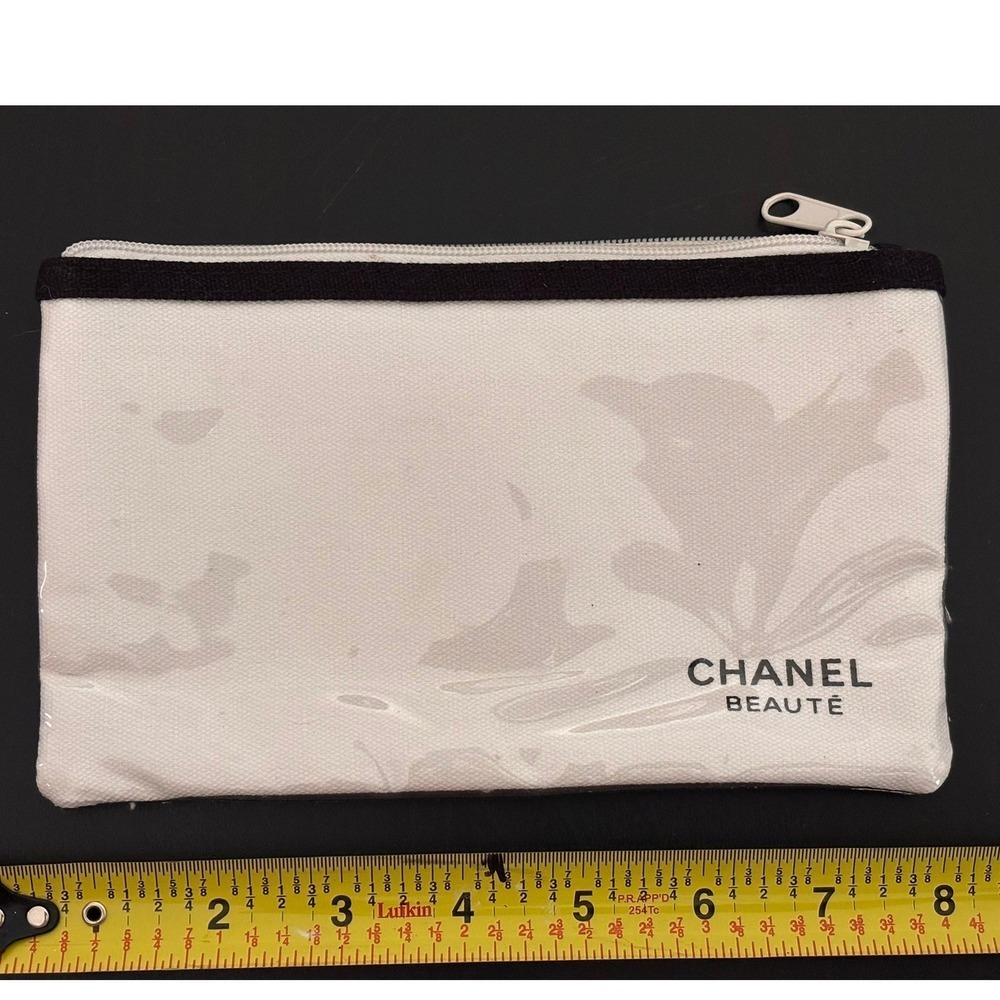 Chanel Beaute White Canvas Cosmetic Pouch Makeup Bag Zipper Travel Case Logo